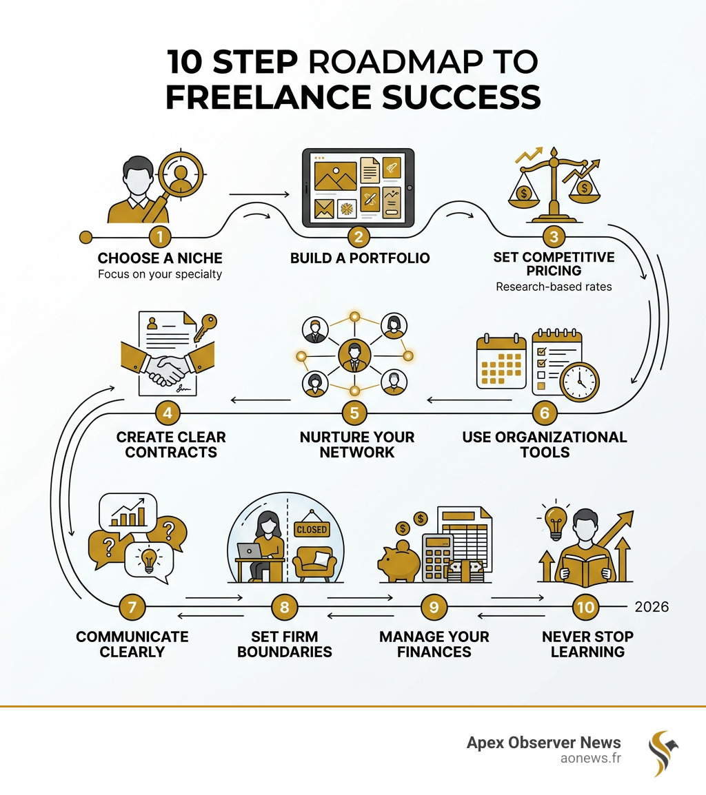 10-step roadmap to freelance success: niche, portfolio, pricing, contracts, network, tools, boundaries, finances, learning