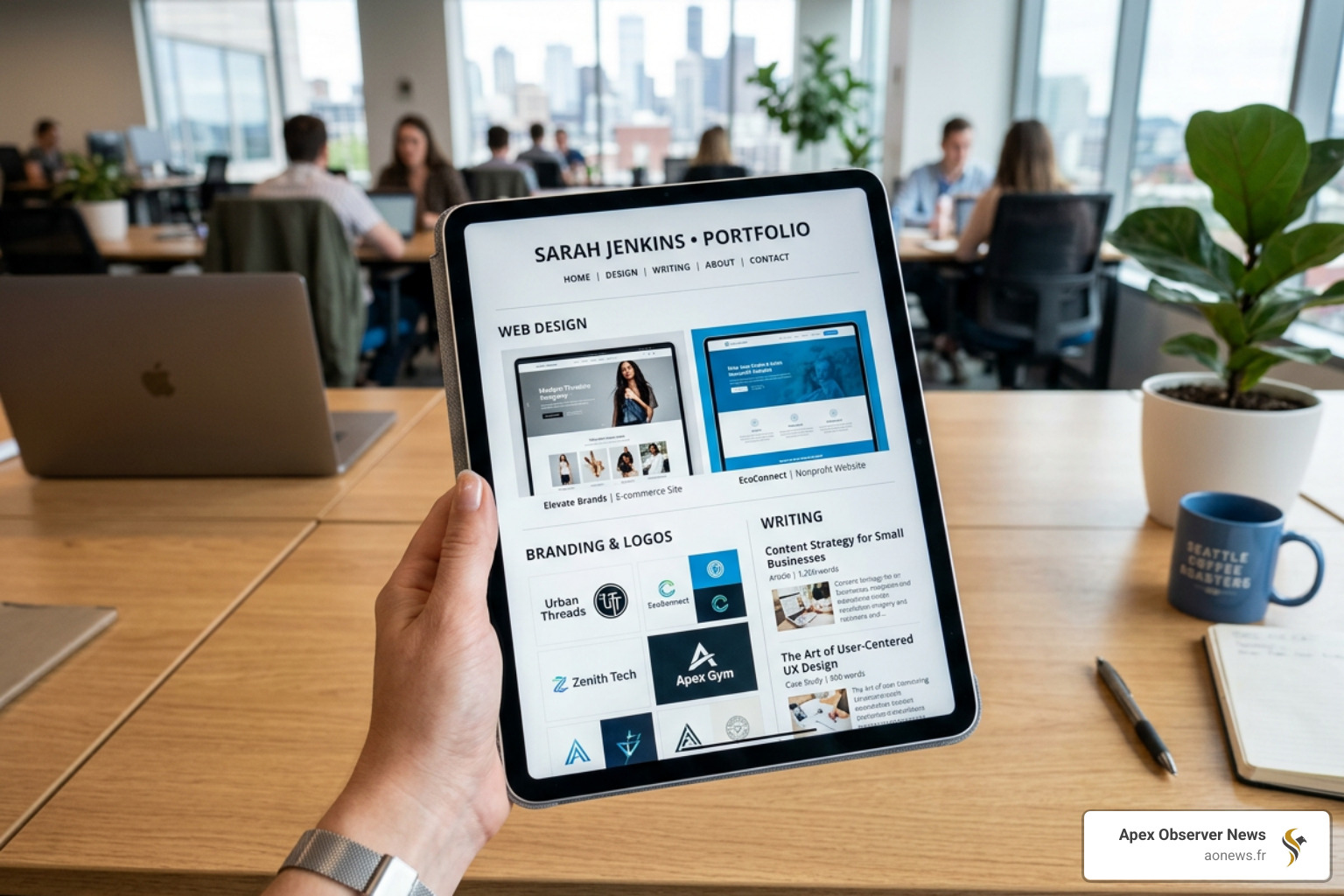 A sleek digital portfolio displayed on a tablet showing various design and writing samples - tips for freelancing