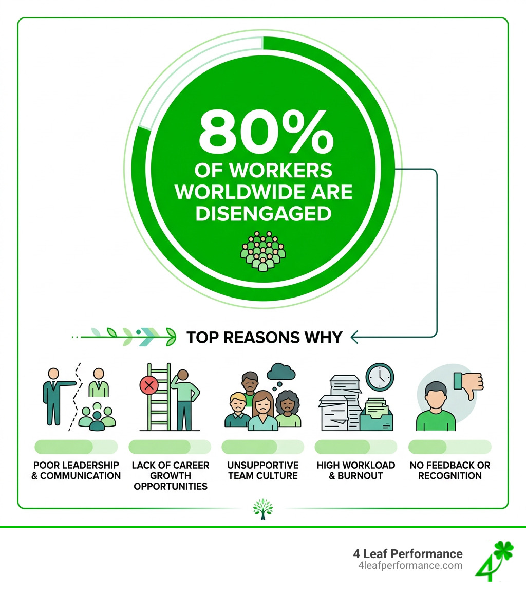 infographic showing 80% of workers worldwide are disengaged and top reasons why - Employee engagement solutions infographic 