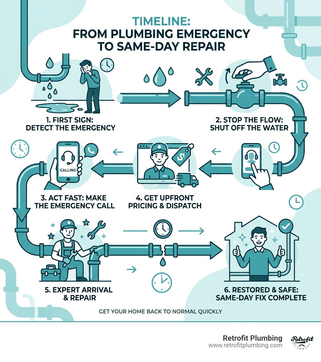 Timeline infographic: what happens during a plumbing emergency from first sign to same-day repair - same-day plumber