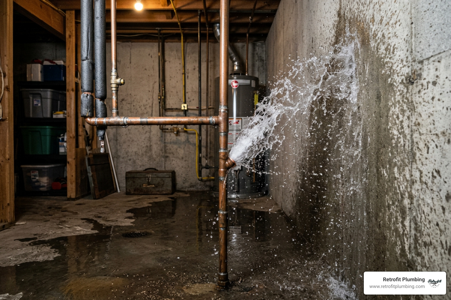 A burst copper pipe spraying water in a basement setting - same-day plumber