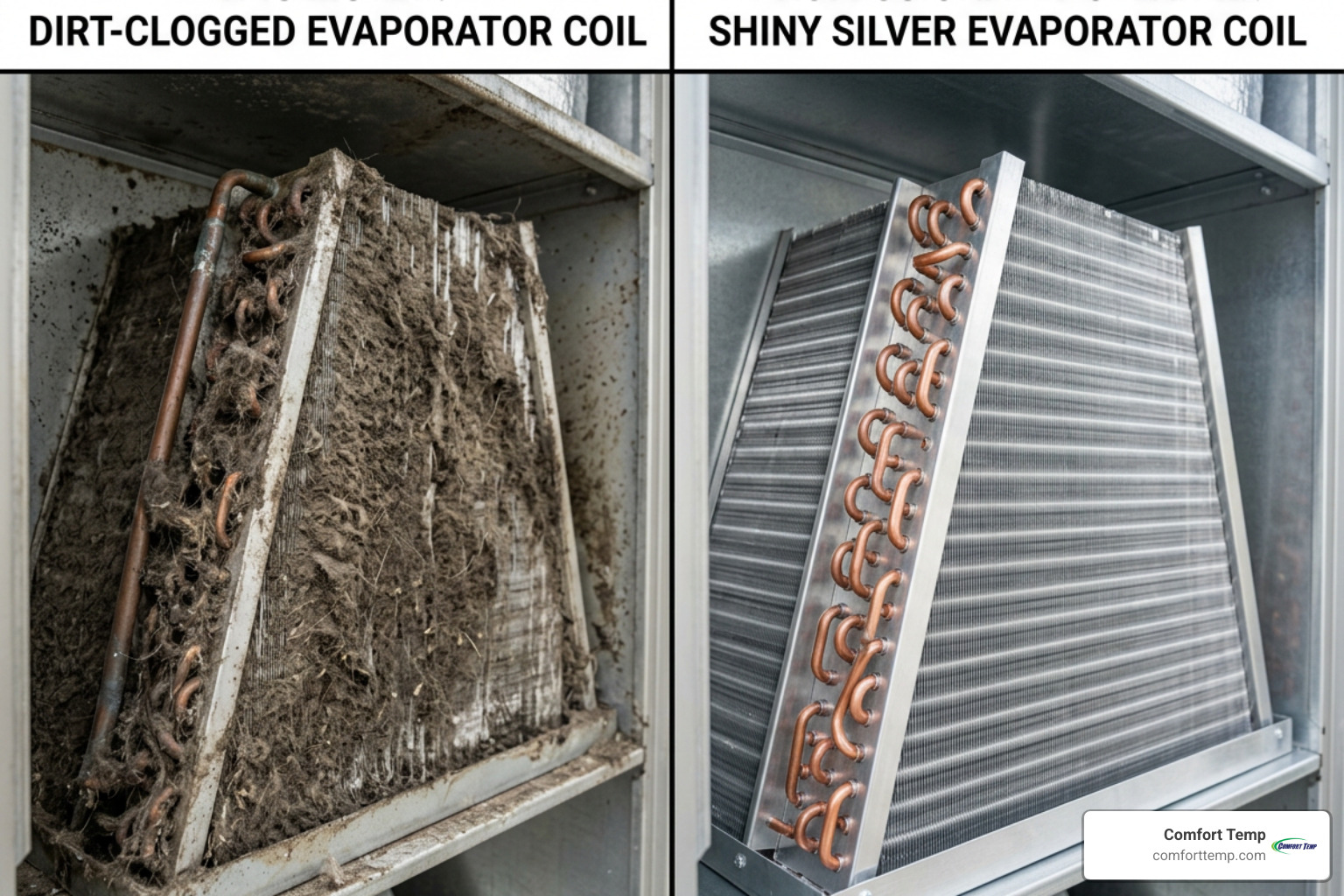 Side-by-side comparison of a neglected, dust-clogged evaporator coil versus a professionally cleaned, shiny silver coil Side-by-side comparison of a neglected, dust-clogged evaporator coil versus a professionally cleaned, shiny silver coil