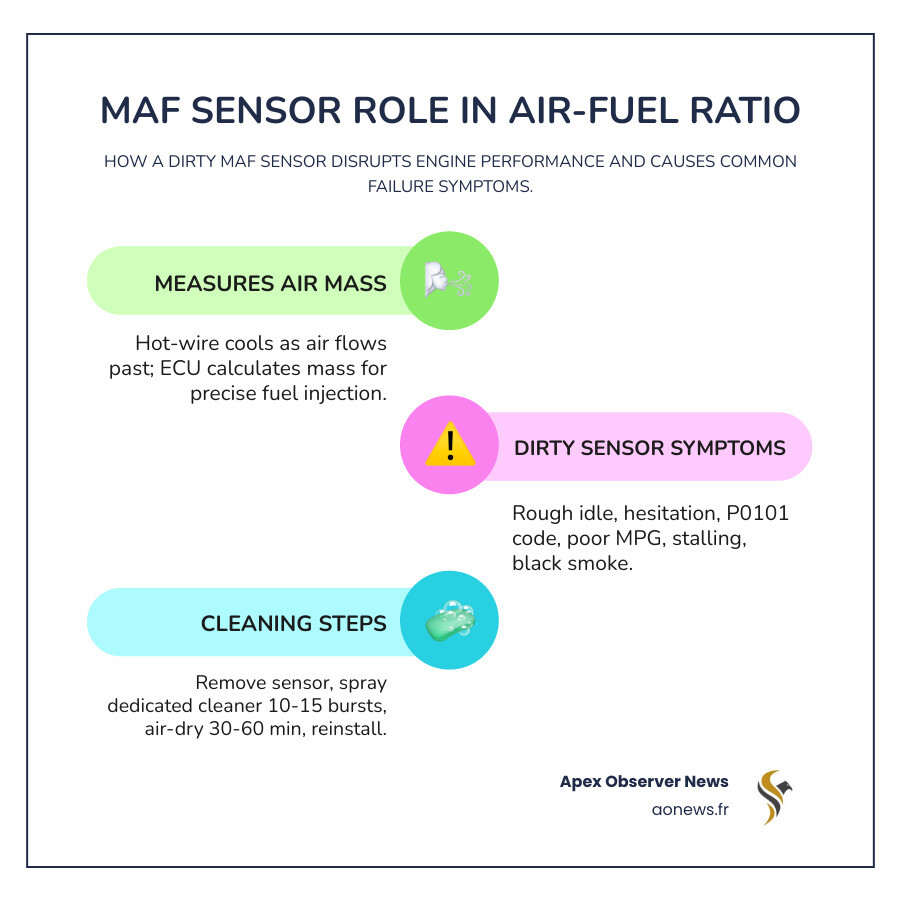 Infographic showing MAF sensor role in air-fuel ratio, symptoms of dirty sensor, and cleaning steps - mass airflow sensor