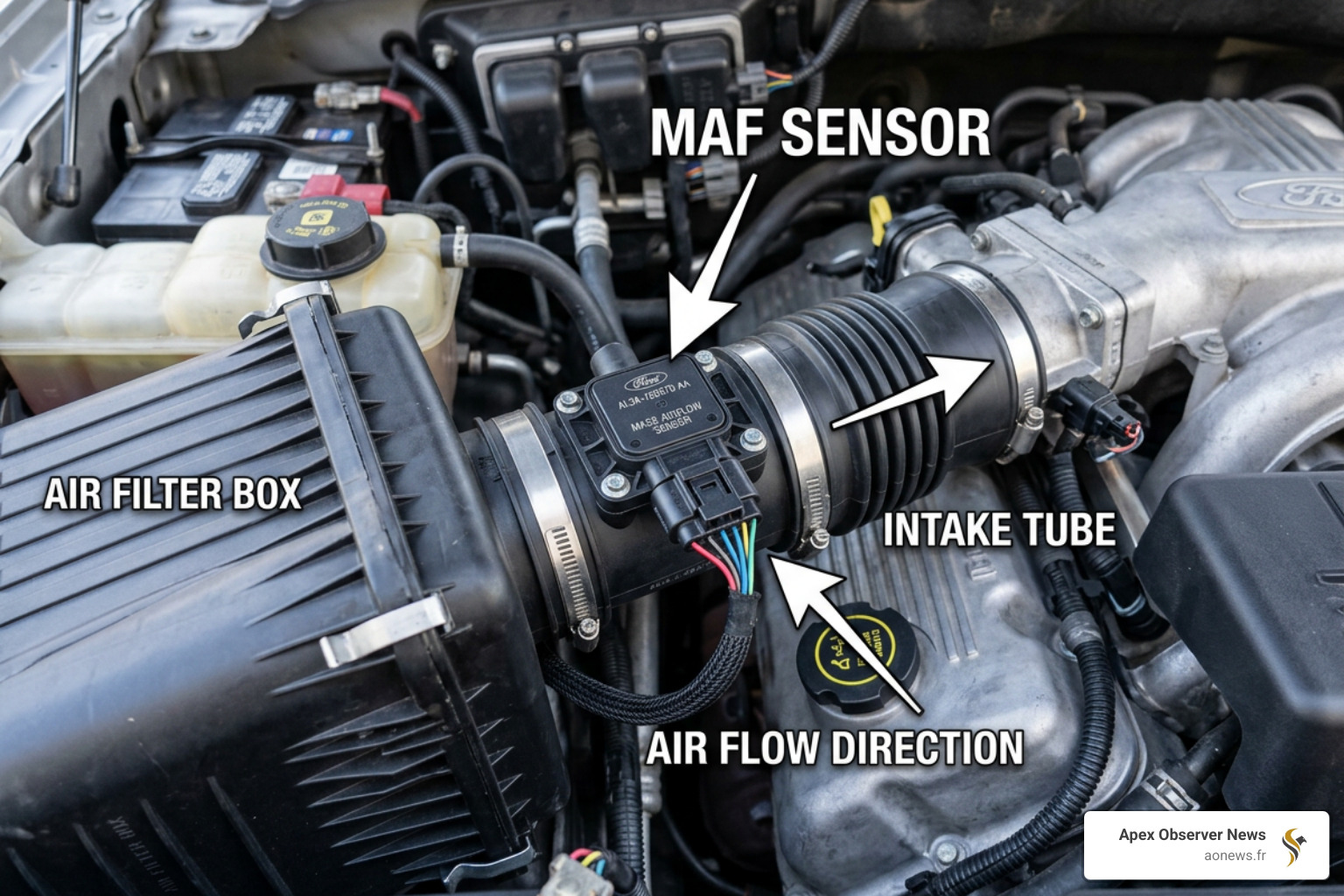 Location of the MAF sensor between the air filter and the engine intake - mass airflow sensor cleaning
