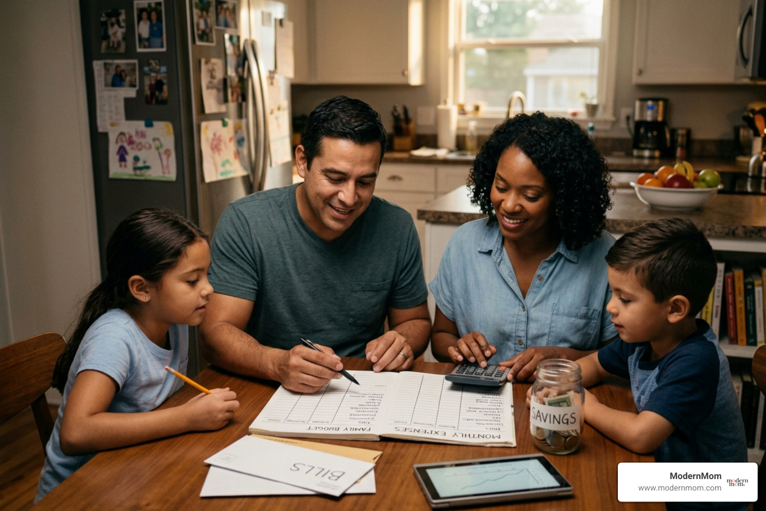 mom looking at a financial planner and feeling organized - how to budget family