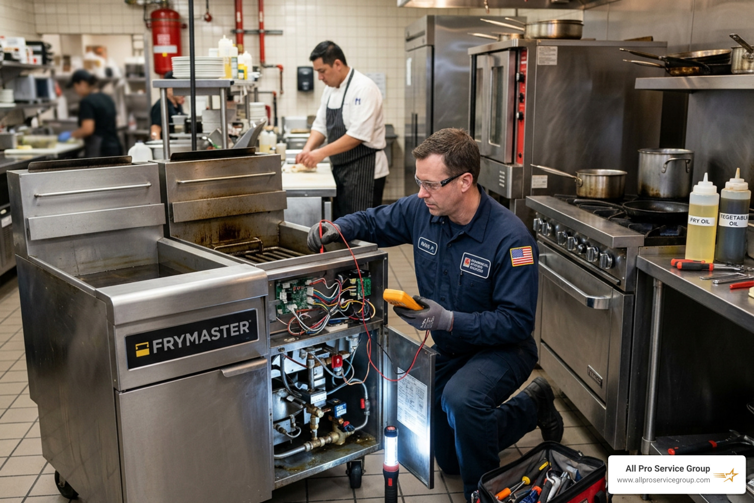 Technician inspecting a commercial deep fryer's internal components - commercial deep fryer repair