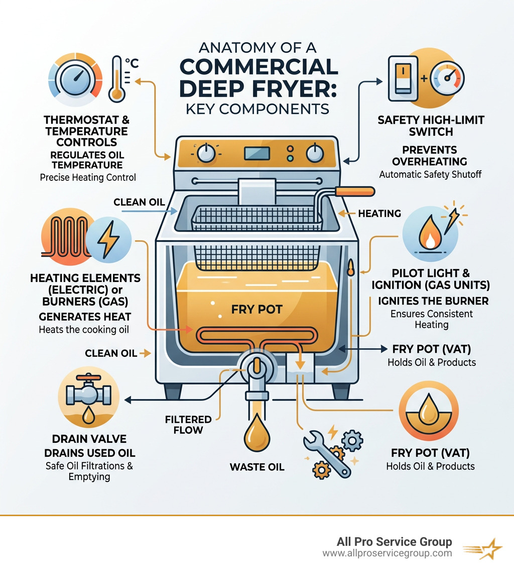 Anatomy of a commercial deep fryer showing key components like thermostat, heating elements, and drain valve - commercial