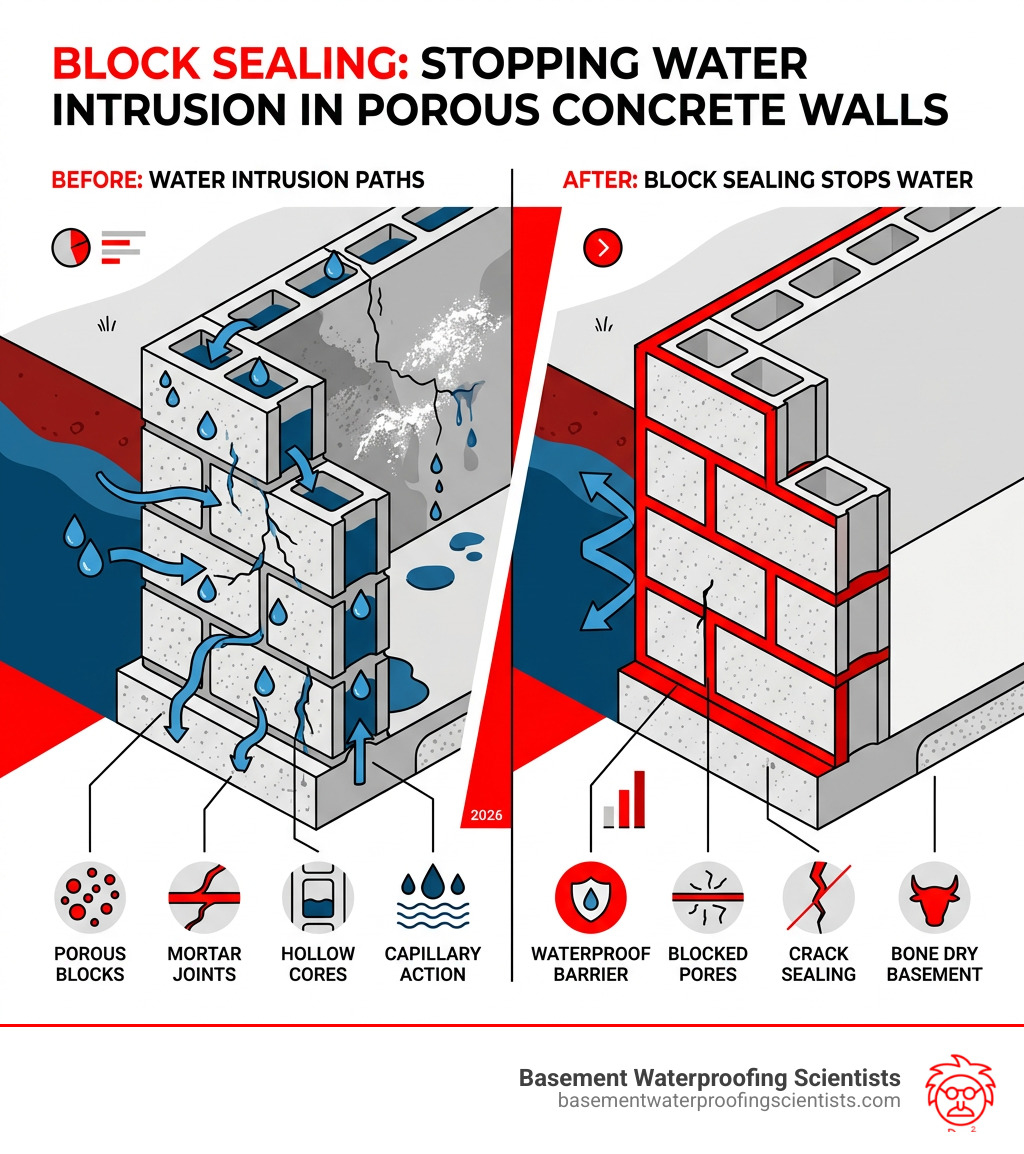 Infographic showing water intrusion paths through porous concrete block walls and how block sealing stops them - block