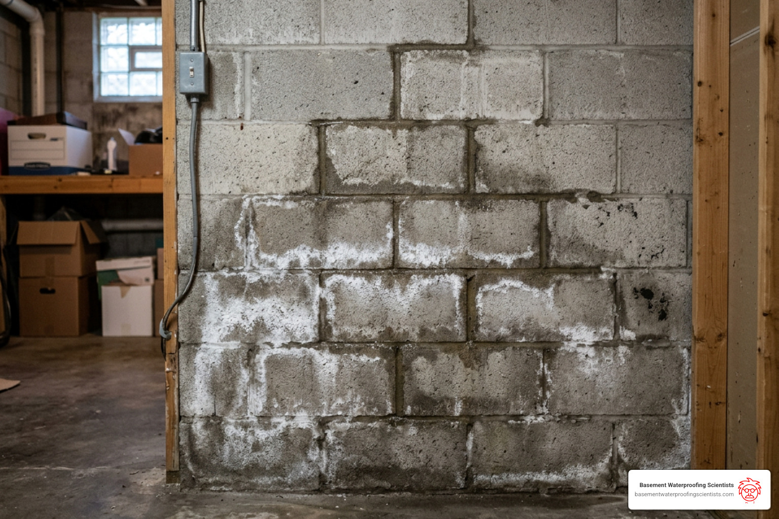 Photo of a block wall showing white powdery efflorescence and damp mortar joints - block sealing