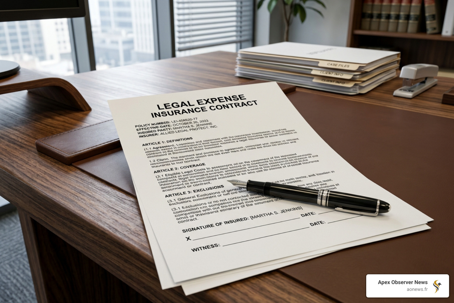 A legal insurance contract on a desk with a pen, representing the agreement between the policyholder and the insurer - term