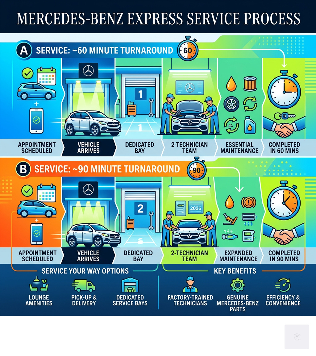 Mercedes-Benz Express Service process infographic showing 60 and 90 minute turnaround times - stress-free, no-pressure car