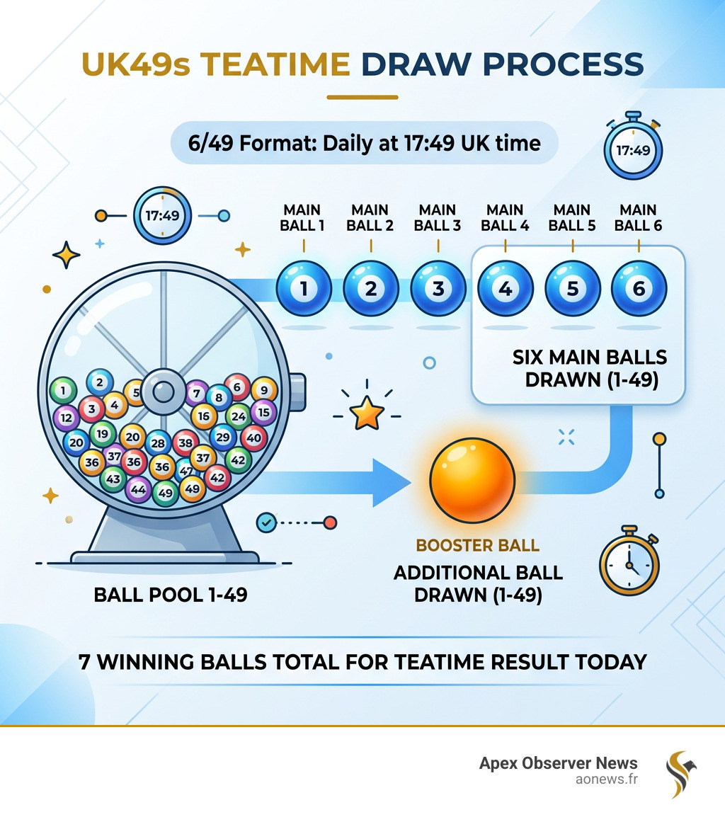 UK49s Teatime 6/49 draw process infographic showing 6 main balls plus 1 booster ball from 1-49 - teatime result today