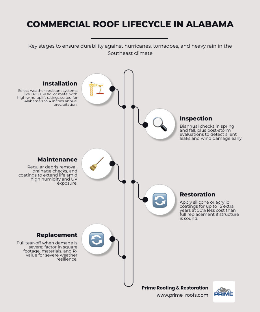Commercial roof lifecycle infographic for Southeast Alabama businesses showing installation, inspection, maintenance