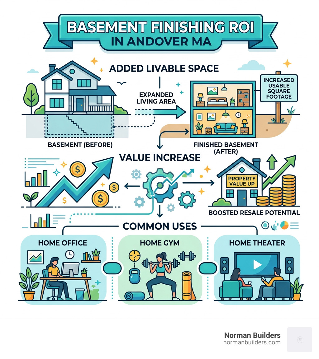Basement finishing ROI infographic showing added square footage, value increase, and common uses like home office gym and