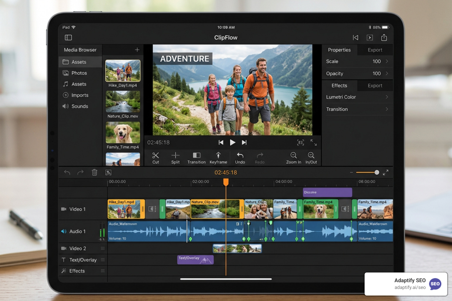 Interface showing a multi-track timeline with video, audio, and overlay layers - video content creation apps