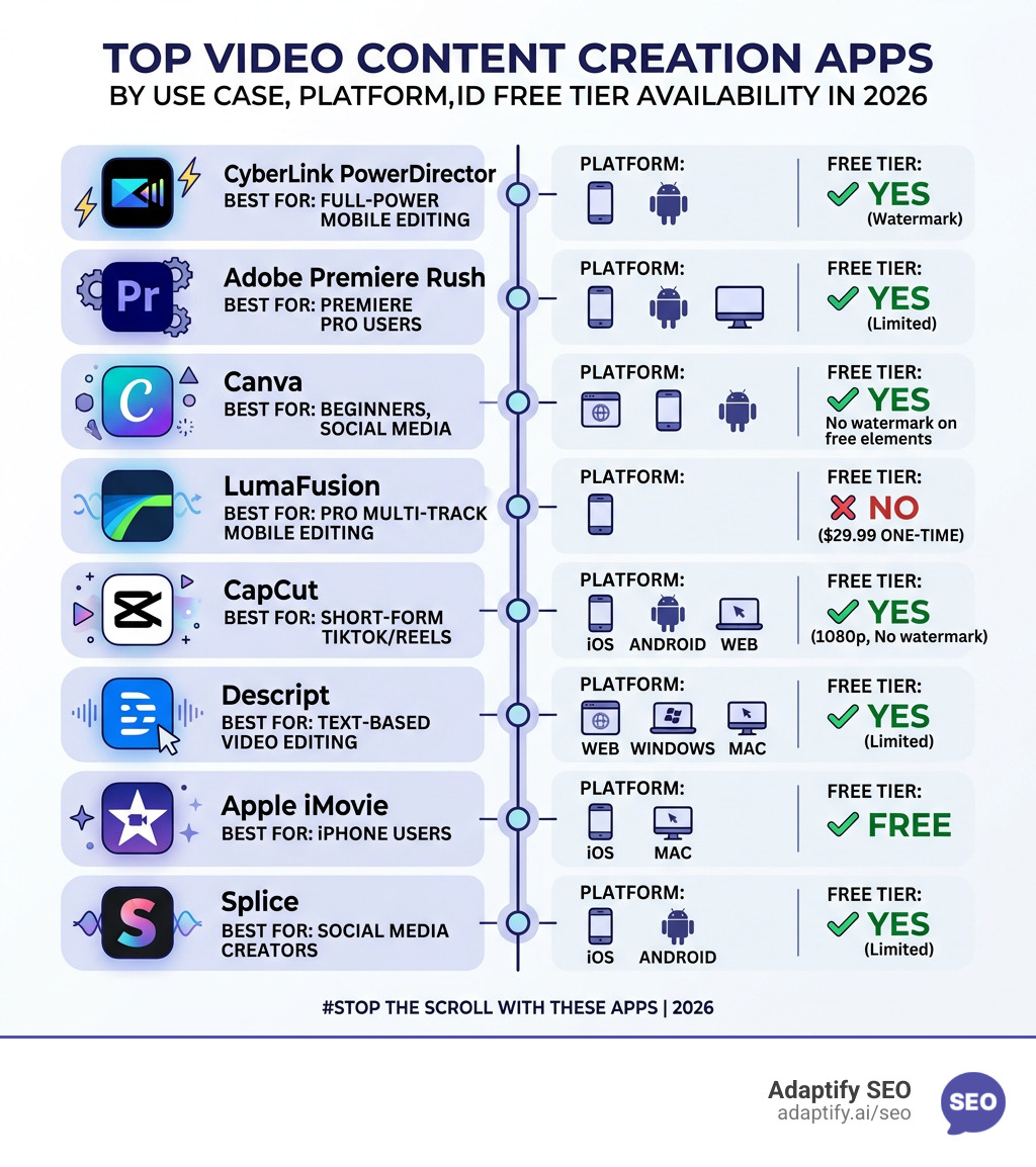 Infographic showing top video content creation apps by use case, platform, and free tier availability in 2026 - video