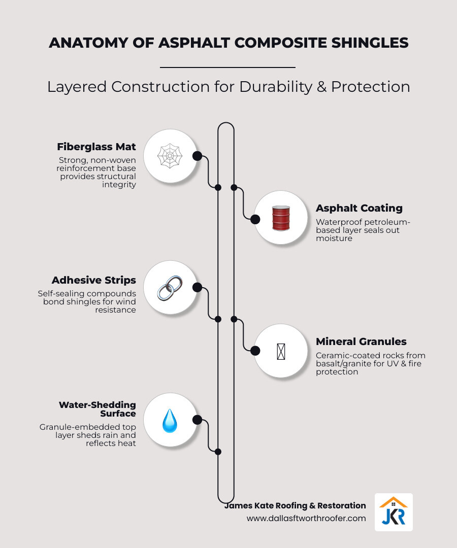 layered construction diagram of a fiberglass asphalt composite shingle with labeled components - asphalt composite shingles layered construction diagram of a fiberglass asphalt composite shingle with labeled components - asphalt composite shingles