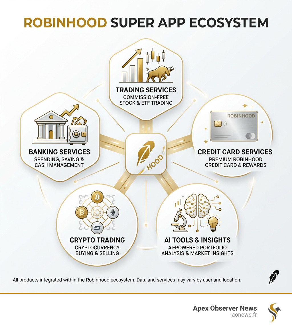 Robinhood Super App ecosystem infographic showing trading, banking, crypto, AI tools, and credit card services - hood stock