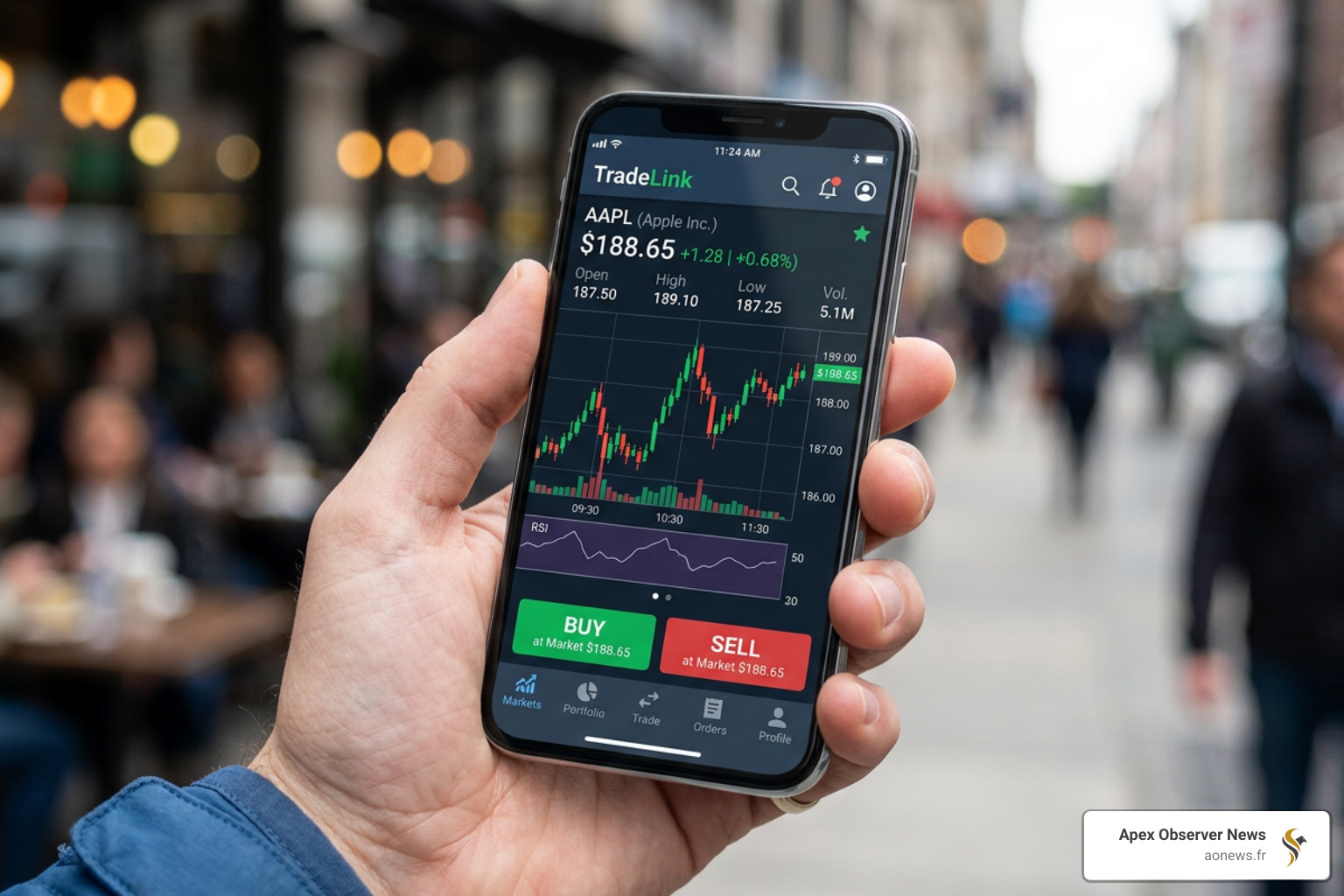 A close-up of a modern mobile trading app interface showing real-time stock charts and buy/sell buttons - online brokerage