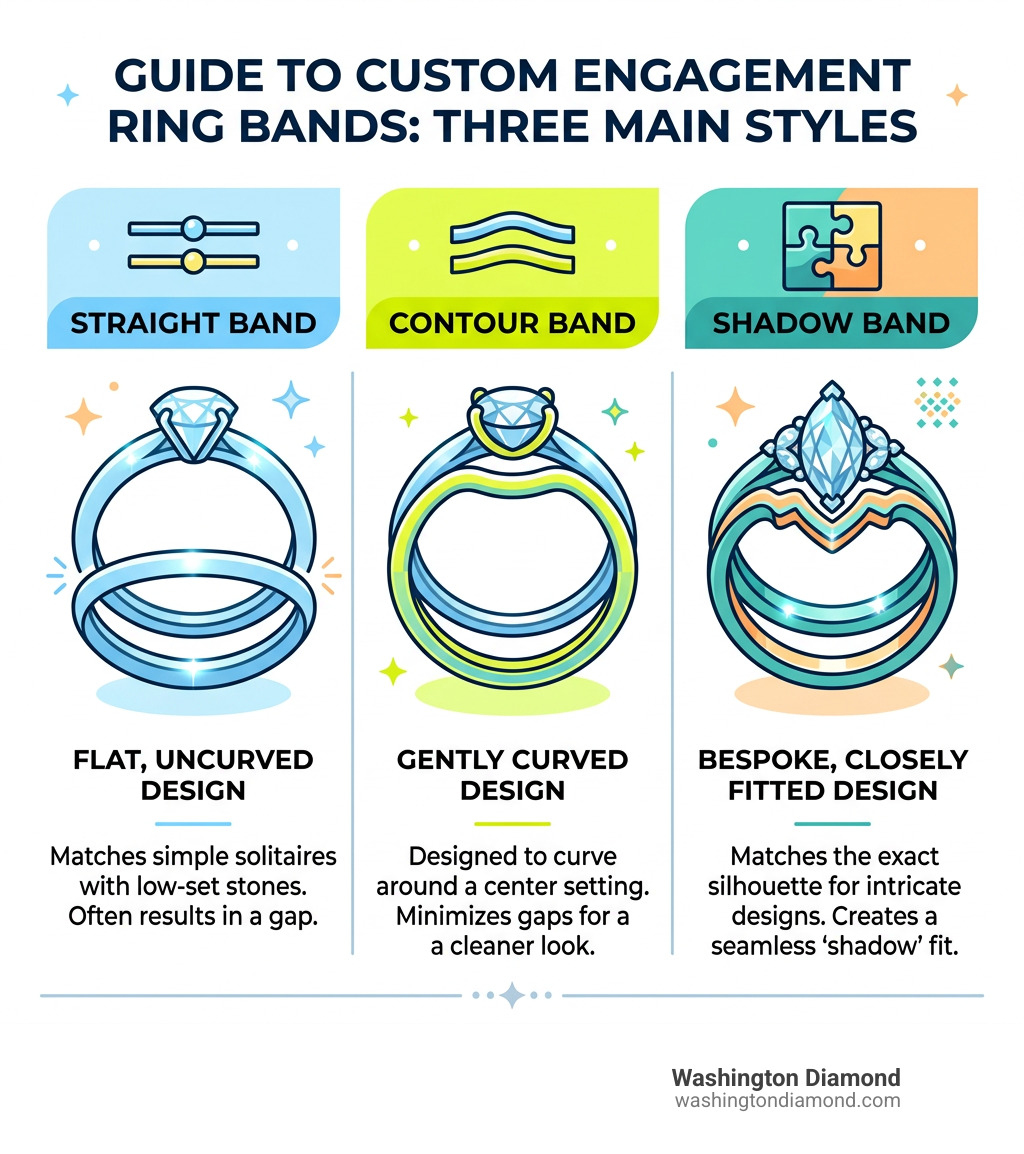 Infographic showing differences between straight, contour, and shadow engagement ring bands with visual examples - custom Infographic showing differences between straight, contour, and shadow engagement ring bands with visual examples - custom