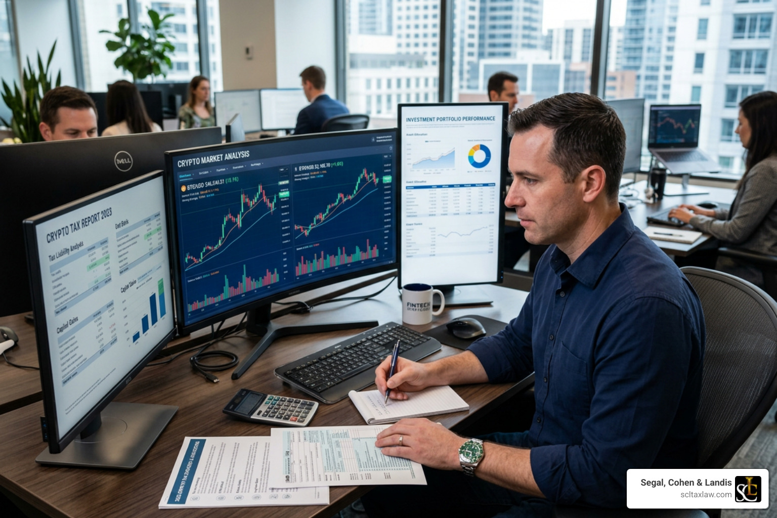A person planning financial investments and analyzing market data to reduce crypto tax liability - reducing crypto tax