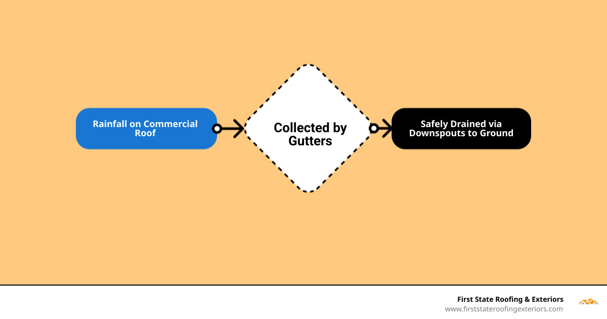 Commercial roof and gutter drainage cycle infographic showing rainwater flow from roof to gutter to downspout to ground