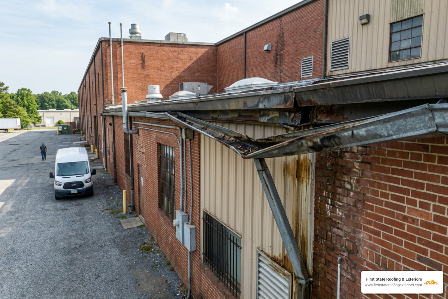 sagging commercial gutters on a warehouse building - commercial roof and gutter repair near me
