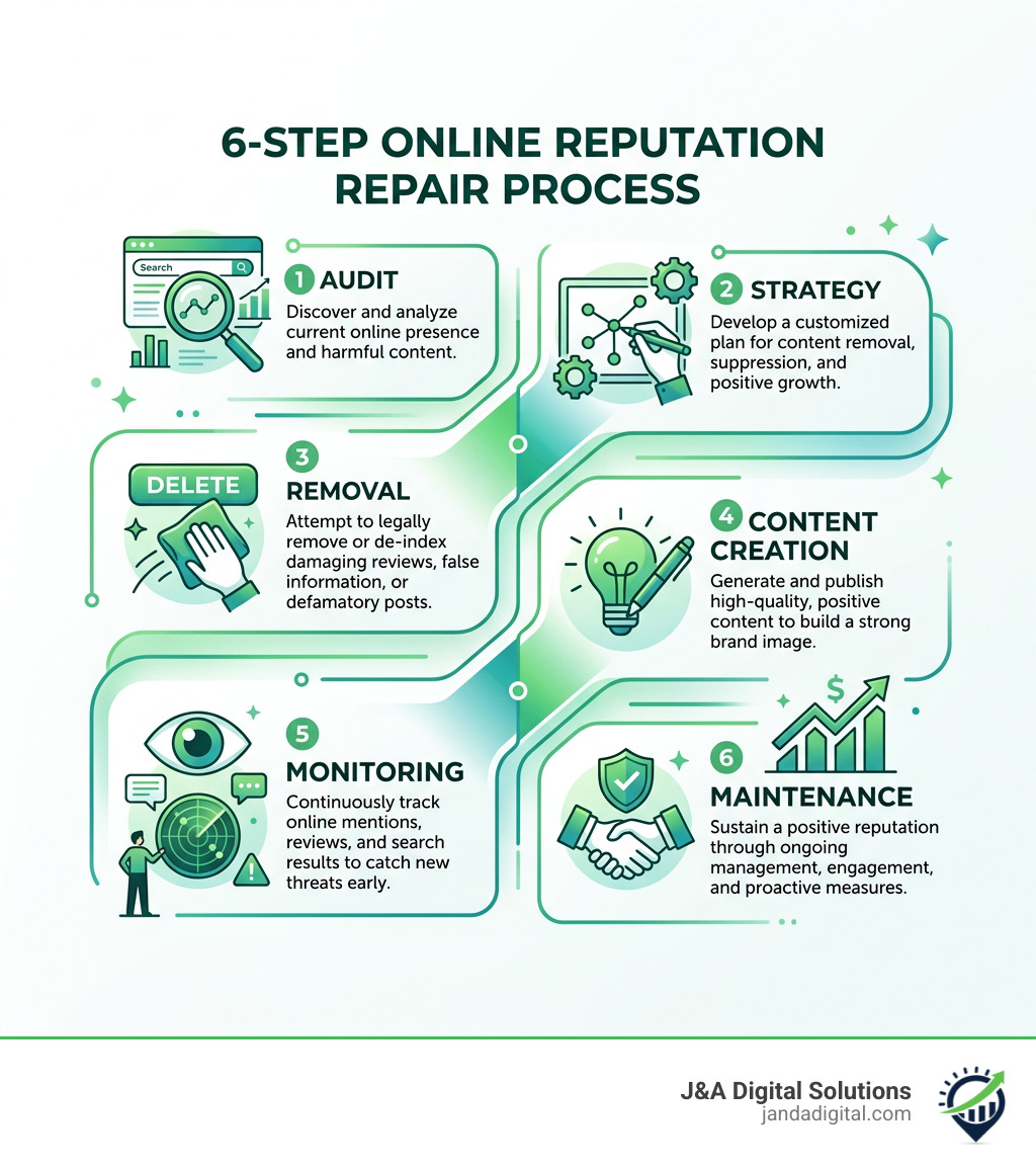 6-step online reputation repair process infographic showing audit, strategy, removal, content creation, monitoring, and 6-step online reputation repair process infographic showing audit, strategy, removal, content creation, monitoring, and