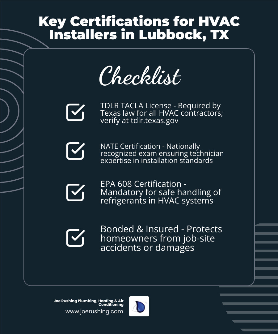 Infographic showing key certifications and steps for certified HVAC installation in Lubbock TX - certified hvac installation Infographic showing key certifications and steps for certified HVAC installation in Lubbock TX - certified hvac installation