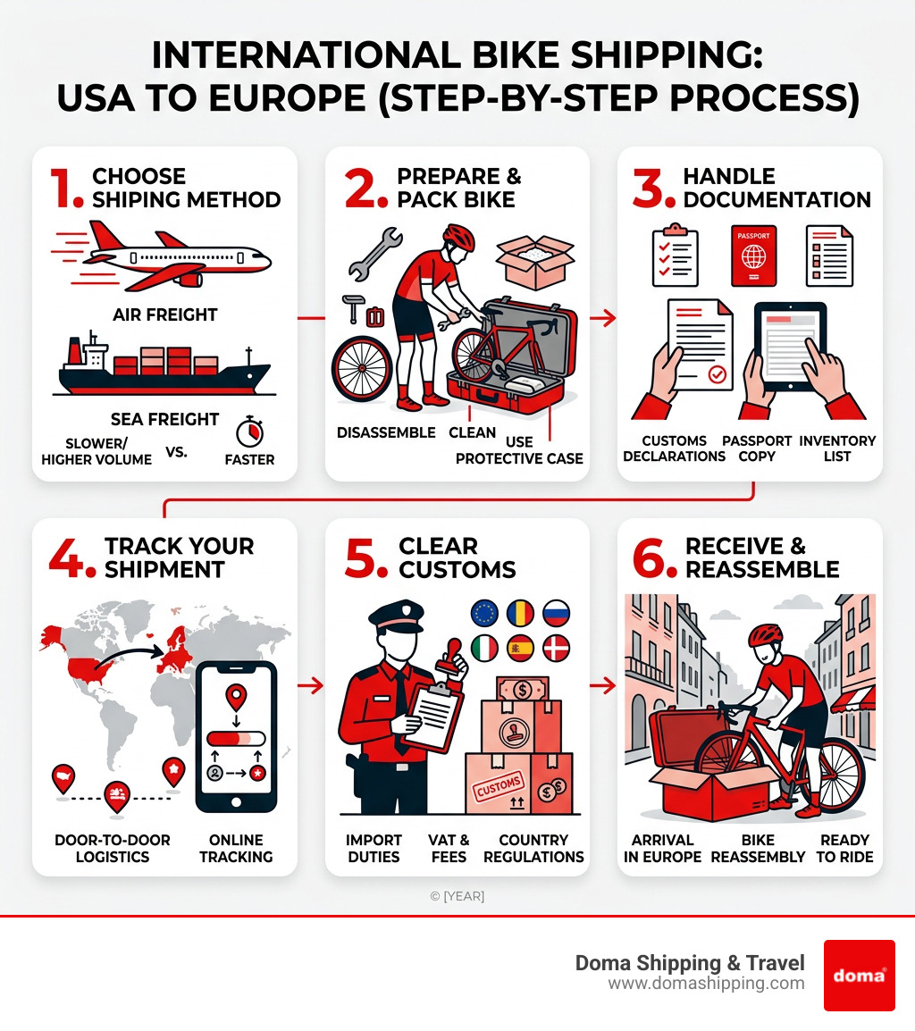 International bike shipping process from USA to Europe step-by-step infographic - bike shipping to Europe infographic 