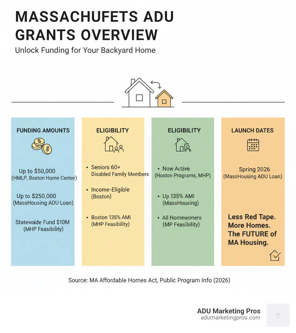 Overview infographic of Massachusetts ADU grant programs funding amounts eligibility and launch dates - adu grant