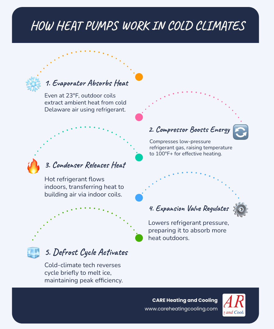 Infographic showing how commercial heat pumps transfer heat in cold Delaware OH winters and key benefits - commercial heat Infographic showing how commercial heat pumps transfer heat in cold Delaware OH winters and key benefits - commercial heat