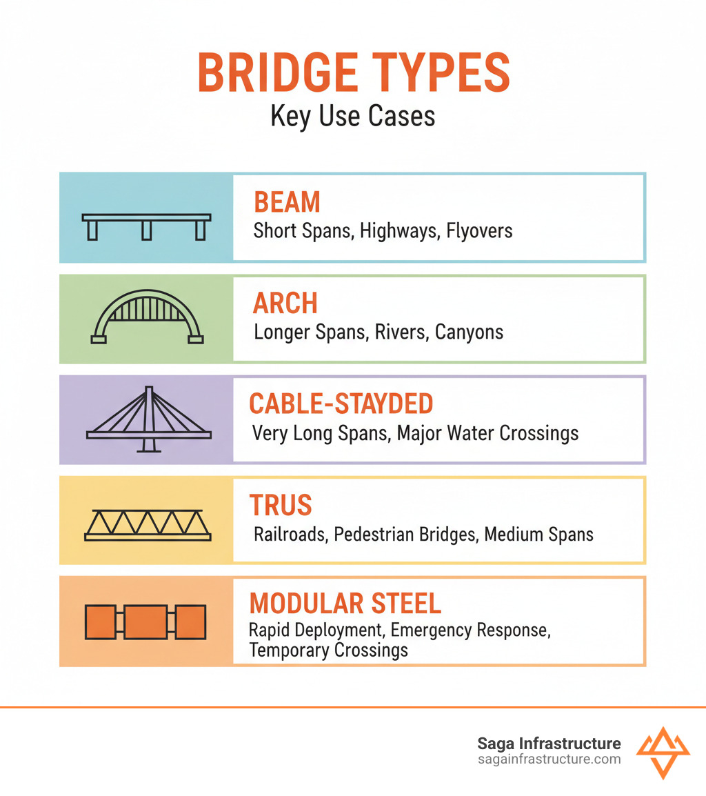 Infographic showing bridge types: beam, arch, cable-stayed, truss, and modular steel with key use cases - Bridge
