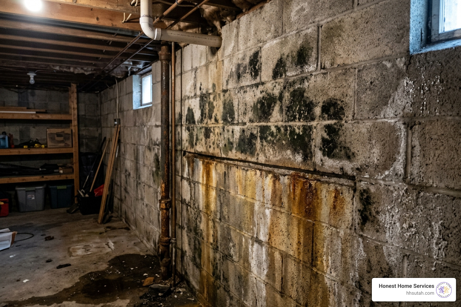 Mold growth and water staining on a basement wall caused by a concealed leak - concealed water pipe leak detector Mold growth and water staining on a basement wall caused by a concealed leak - concealed water pipe leak detector