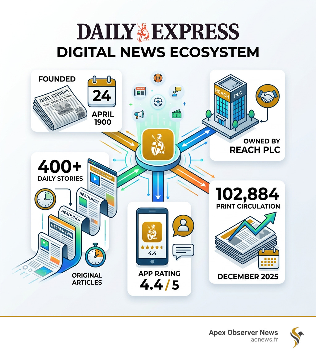 Infographic showing the Daily Express digital news ecosystem: founded 1900, owned by Reach plc, 400+ daily stories, app