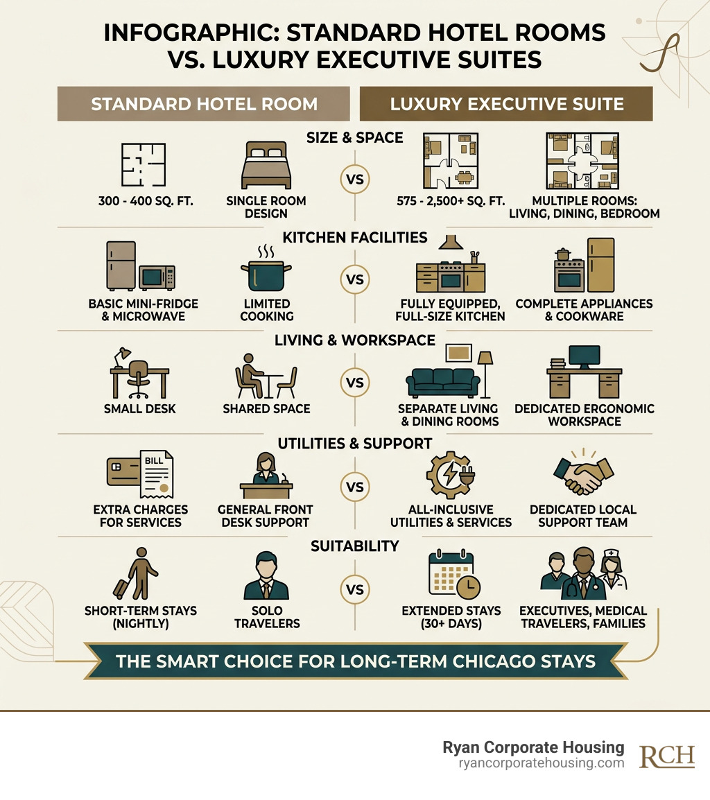 Infographic comparing standard hotel rooms vs. luxury executive suites: size, amenities, cost, and suitability - luxury