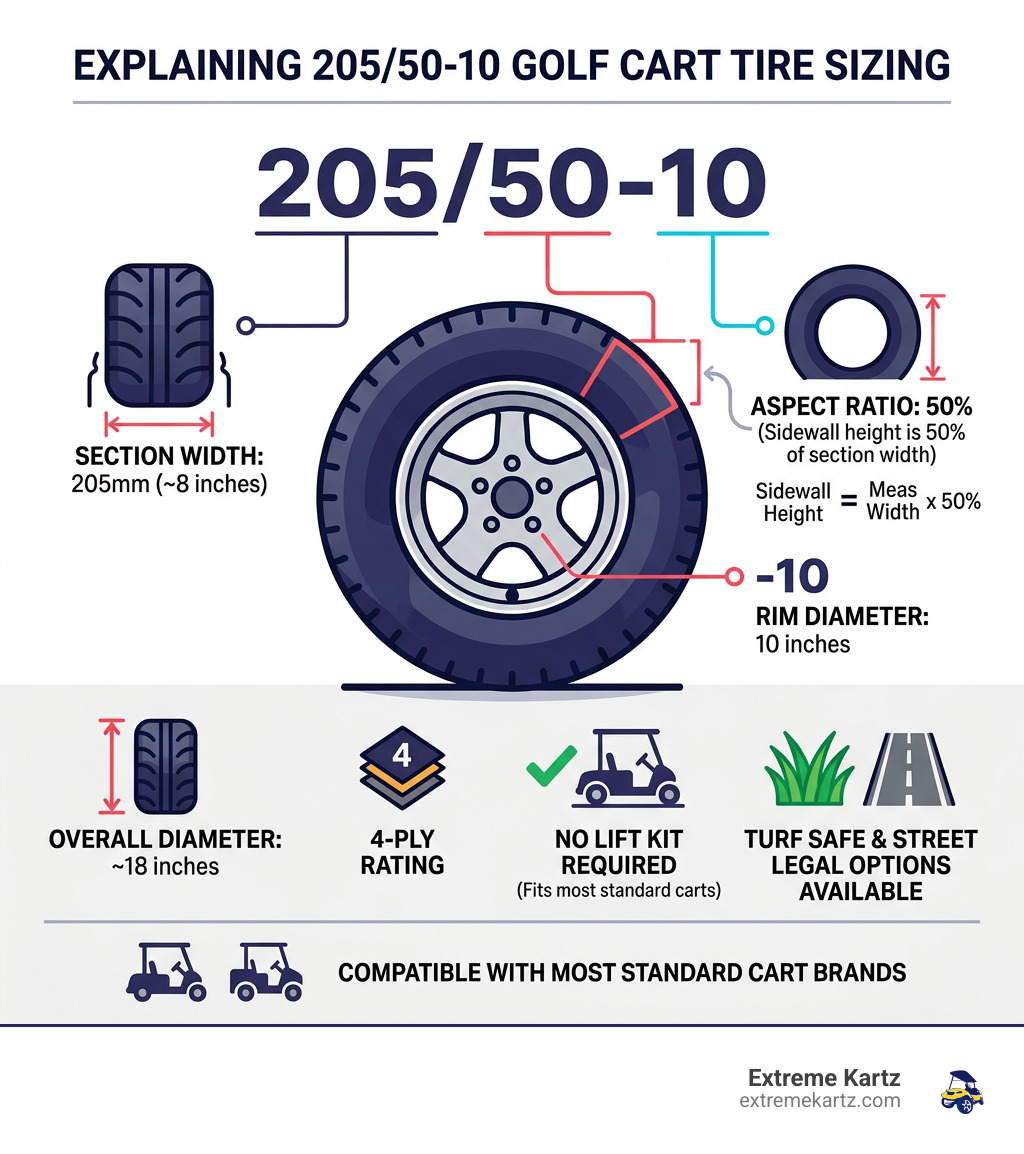 Infographic explaining 205/50-10 golf cart tire sizing: width, aspect ratio, rim diameter, diameter, and compatibility - 205