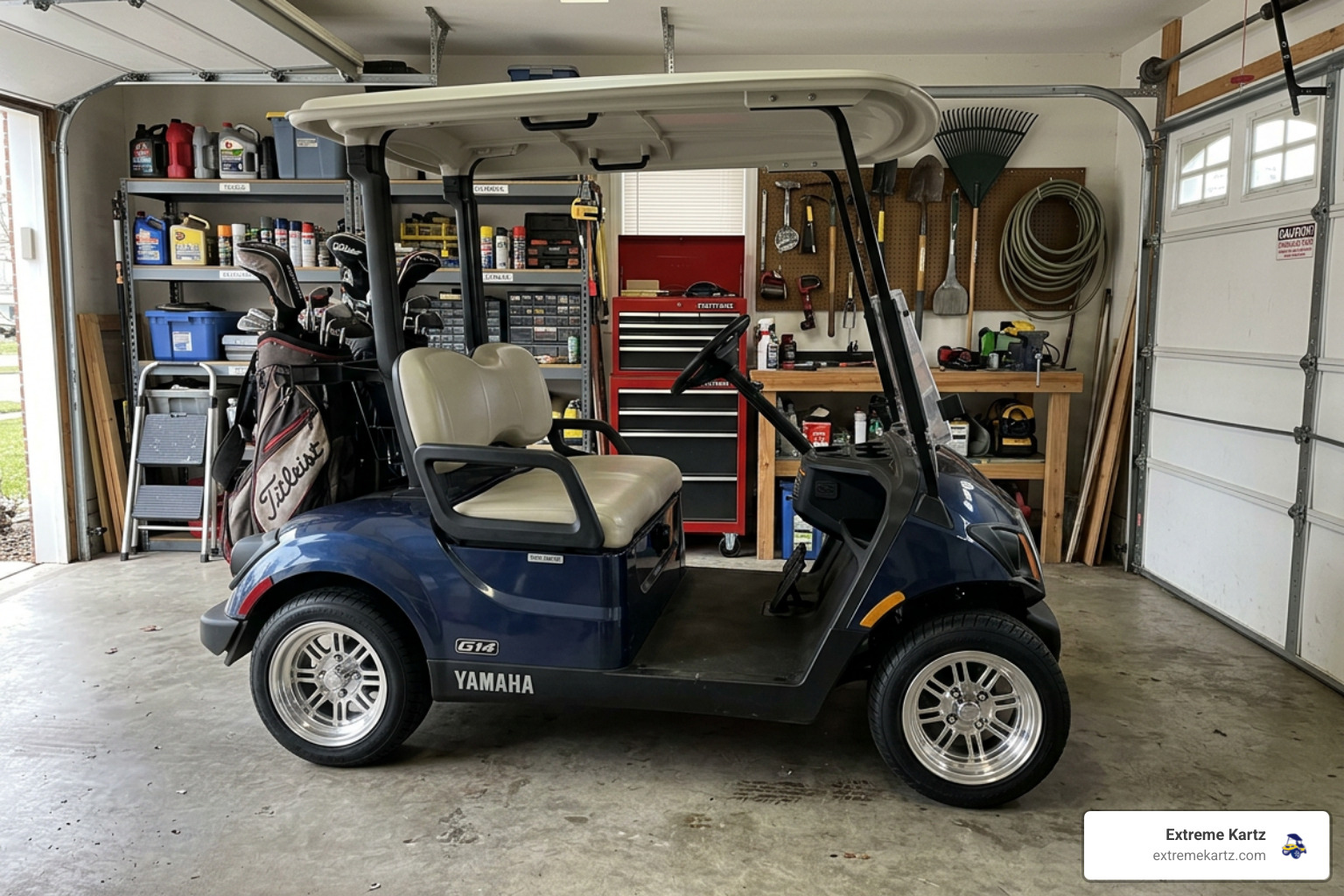 A non-lifted Yamaha golf cart in a garage with new 205/50-10 low-profile tires mounted on 10-inch aluminum rims - 205 50 10