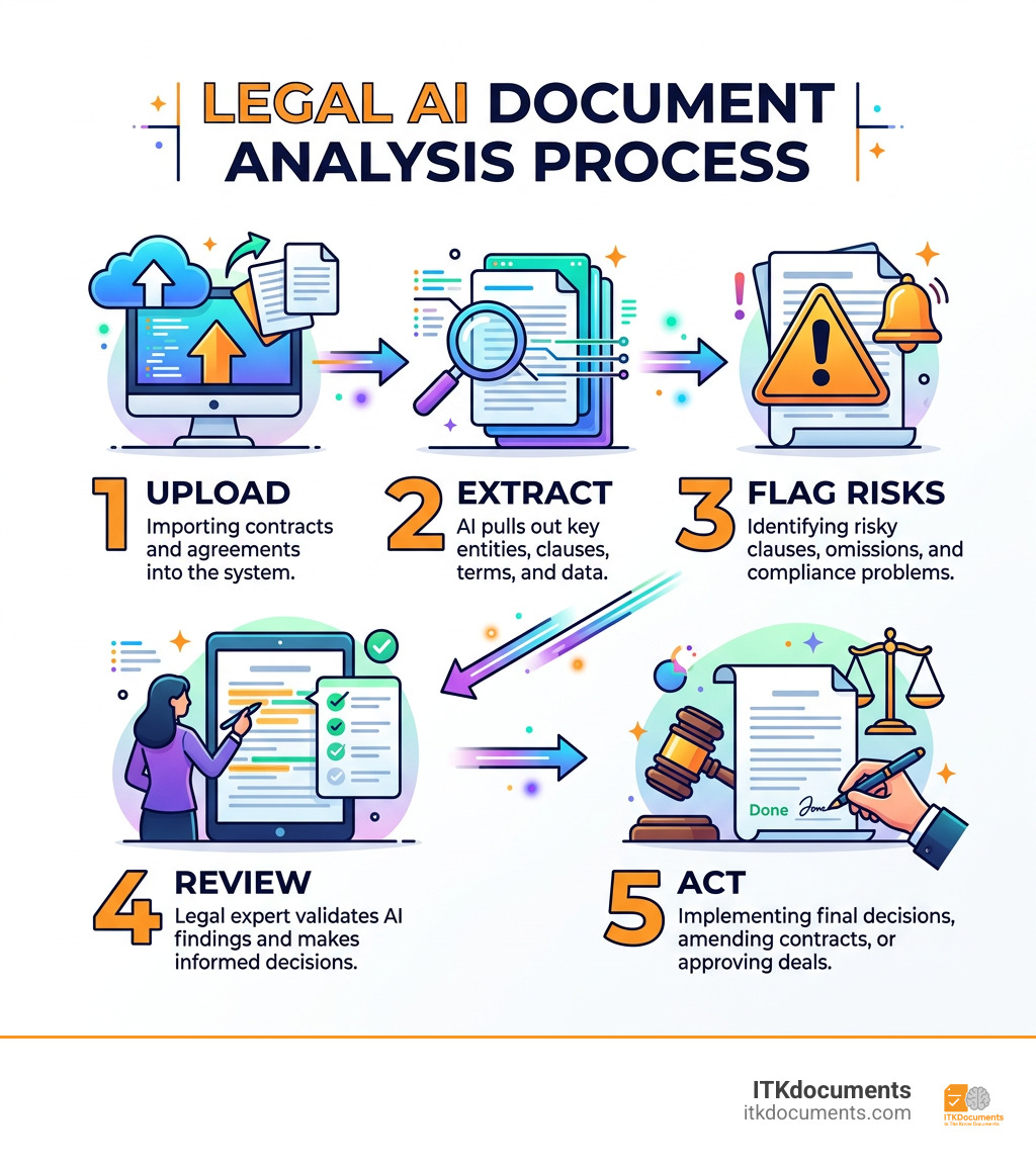 Legal AI document analysis process: upload, extract, flag risks, review, act - legal ai document analysis infographic