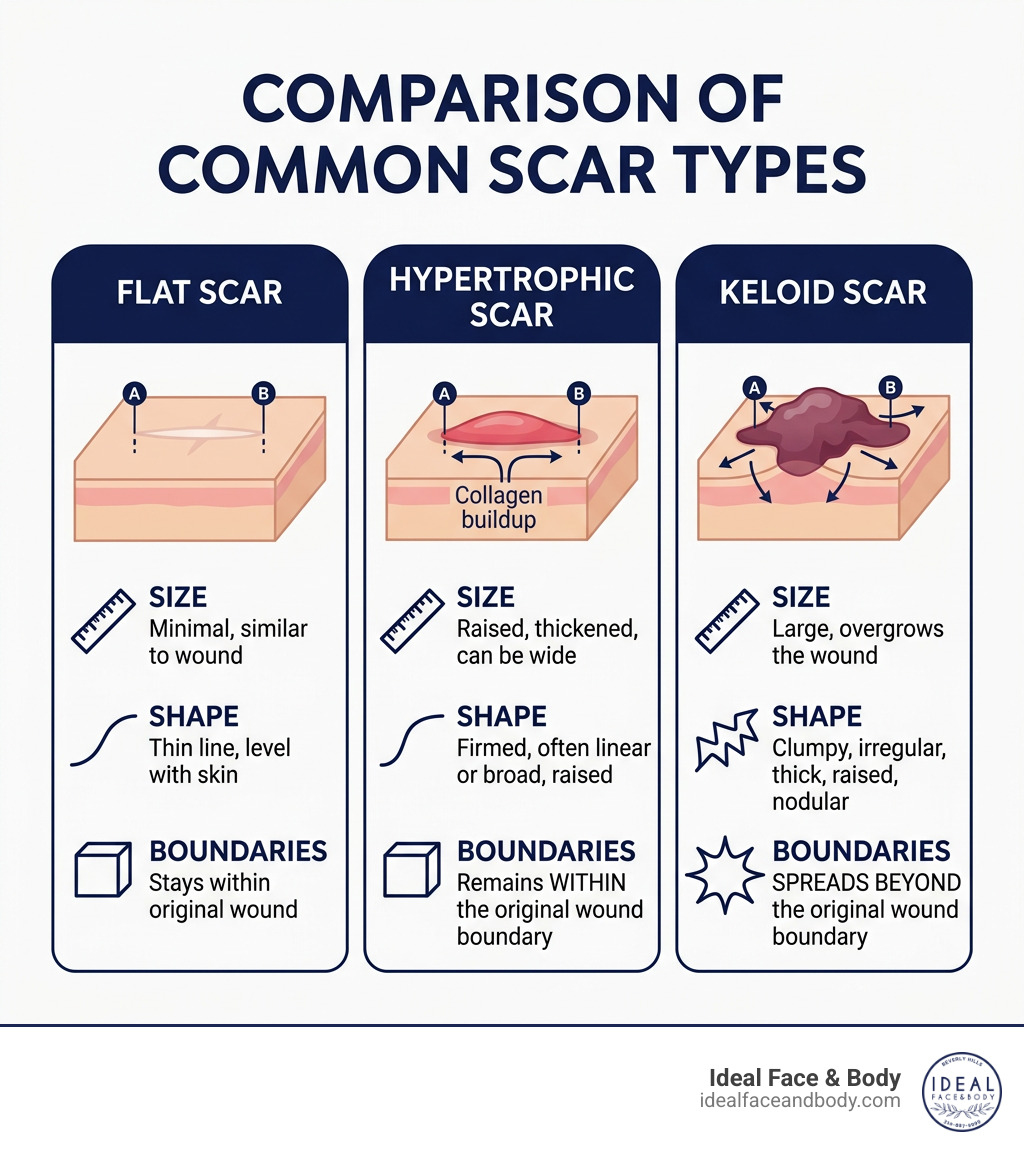 Comparison infographic: flat scar vs hypertrophic scar vs keloid scar — size, shape, and boundaries - hypertrophic scar Comparison infographic: flat scar vs hypertrophic scar vs keloid scar — size, shape, and boundaries - hypertrophic scar