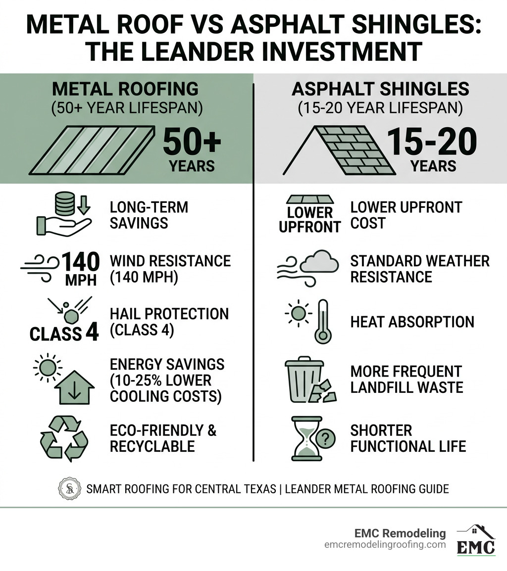Infographic comparing 50-year metal roof lifespan vs 15-20 year asphalt shingles with key benefits - Metal roofing Leander
