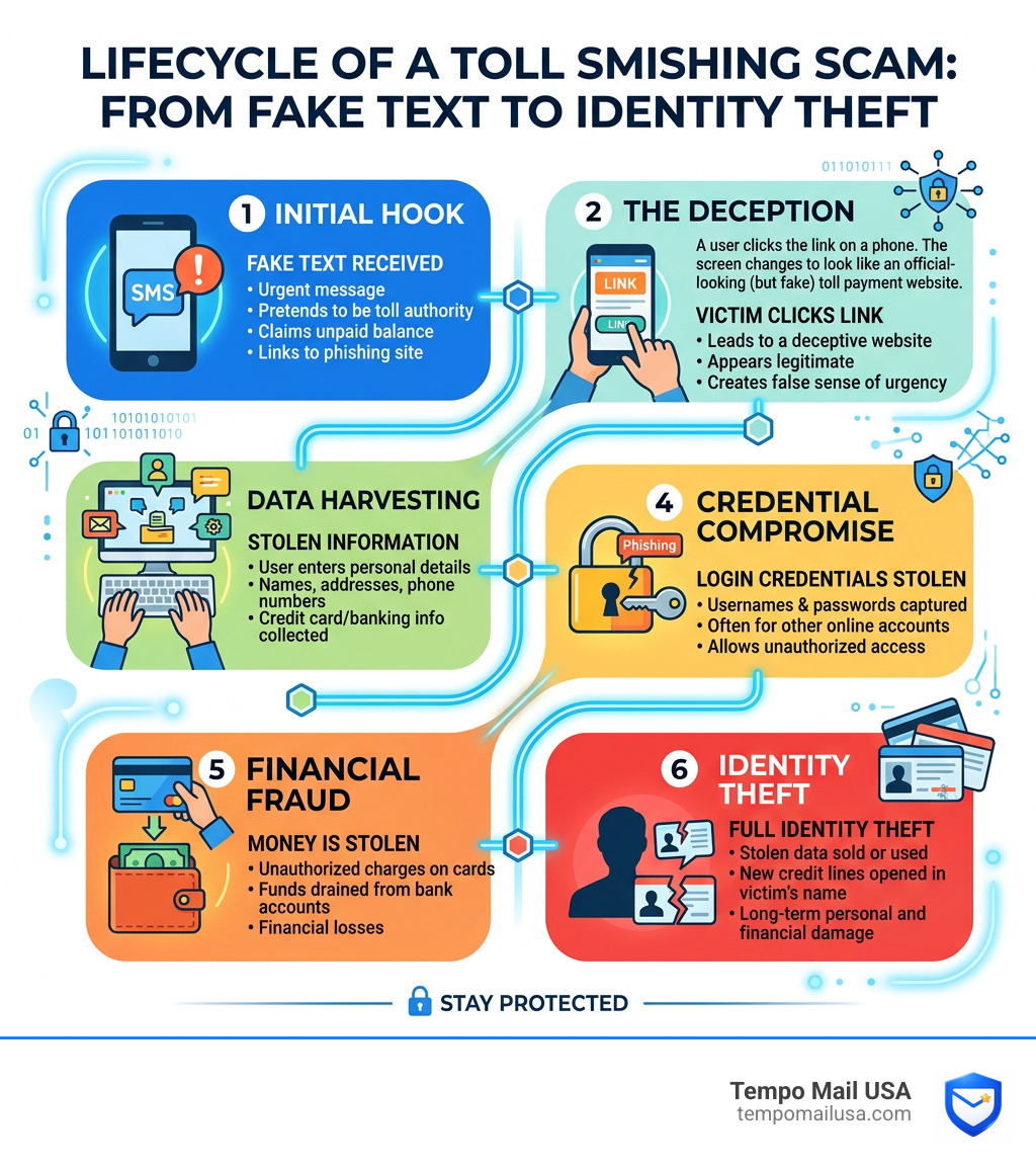 Lifecycle of a toll smishing scam from fake text to identity theft - Toll scam text infographic Lifecycle of a toll smishing scam from fake text to identity theft - Toll scam text infographic