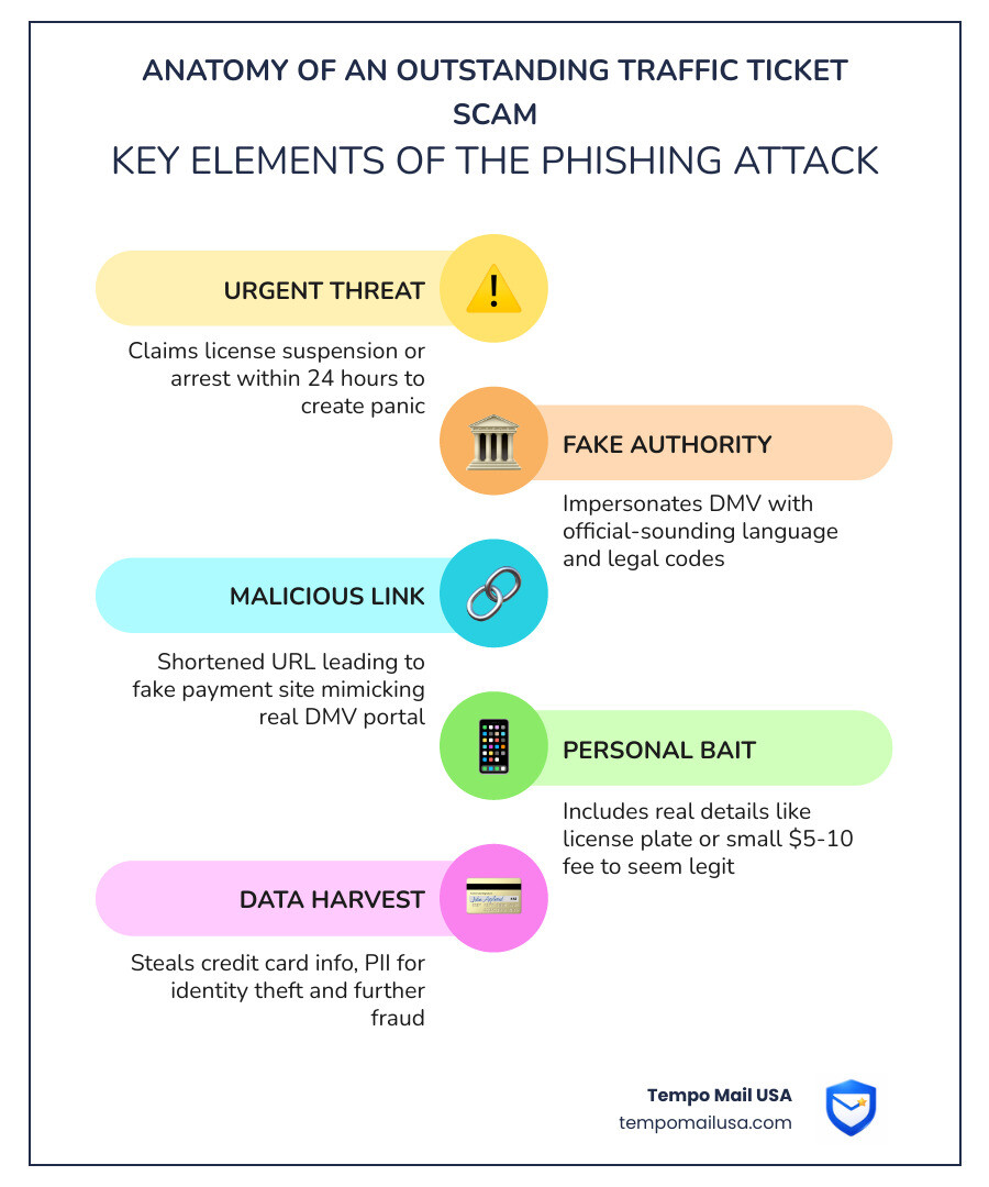 Anatomy of an outstanding traffic ticket scam text: key elements labeled - Outstanding traffic ticket scam infographic Anatomy of an outstanding traffic ticket scam text: key elements labeled - Outstanding traffic ticket scam infographic
