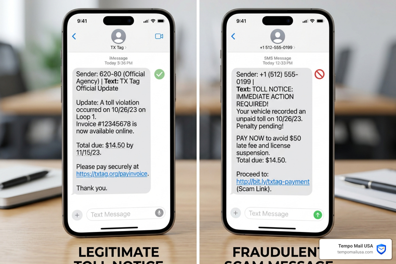 Comparing a real toll notice vs a scam text - Toll scam text Comparing a real toll notice vs a scam text - Toll scam text