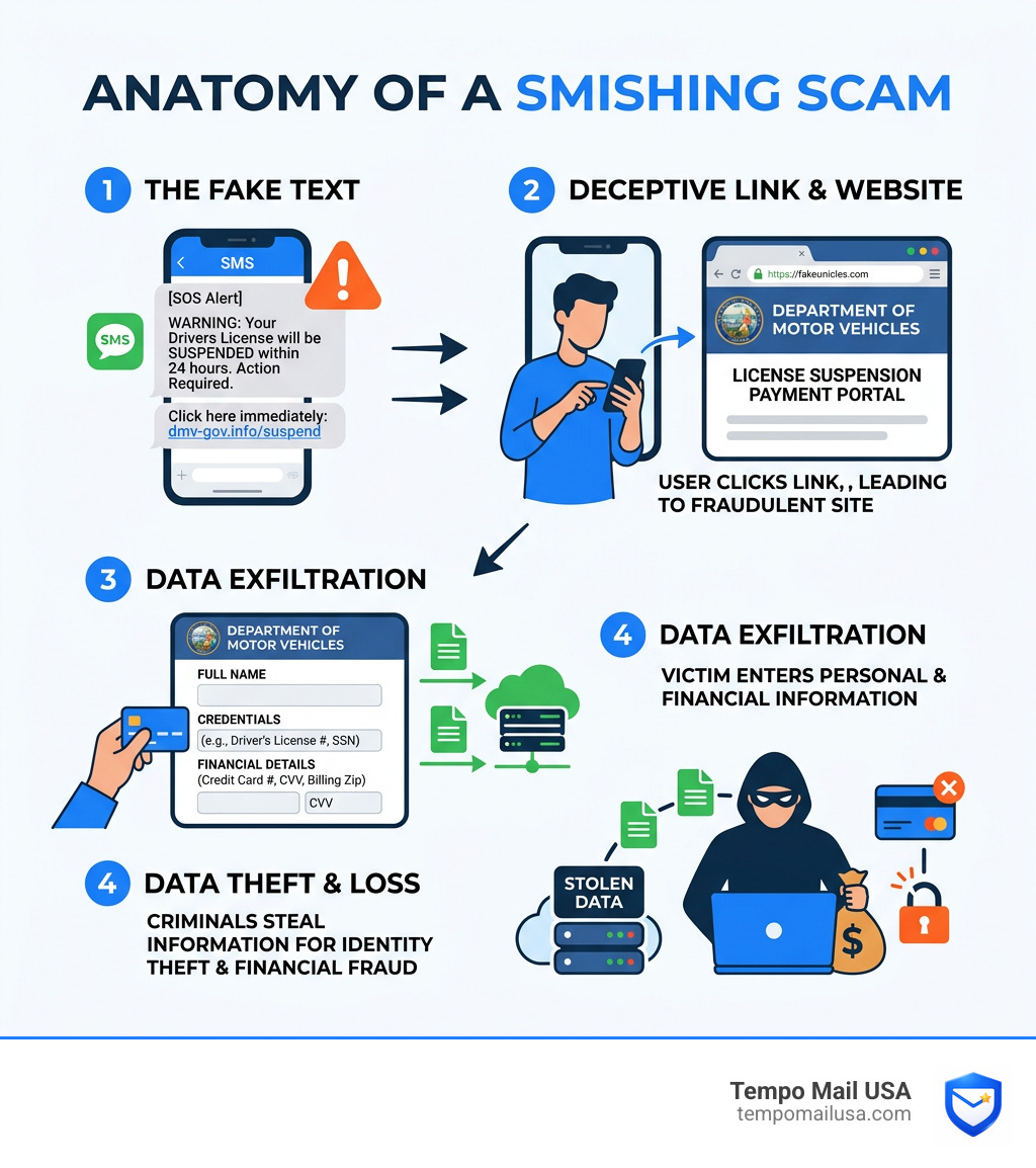 Anatomy of a smishing scam - fake DMV text, fake website, data theft steps - Secretary of state text scam infographic Anatomy of a smishing scam - fake DMV text, fake website, data theft steps - Secretary of state text scam infographic