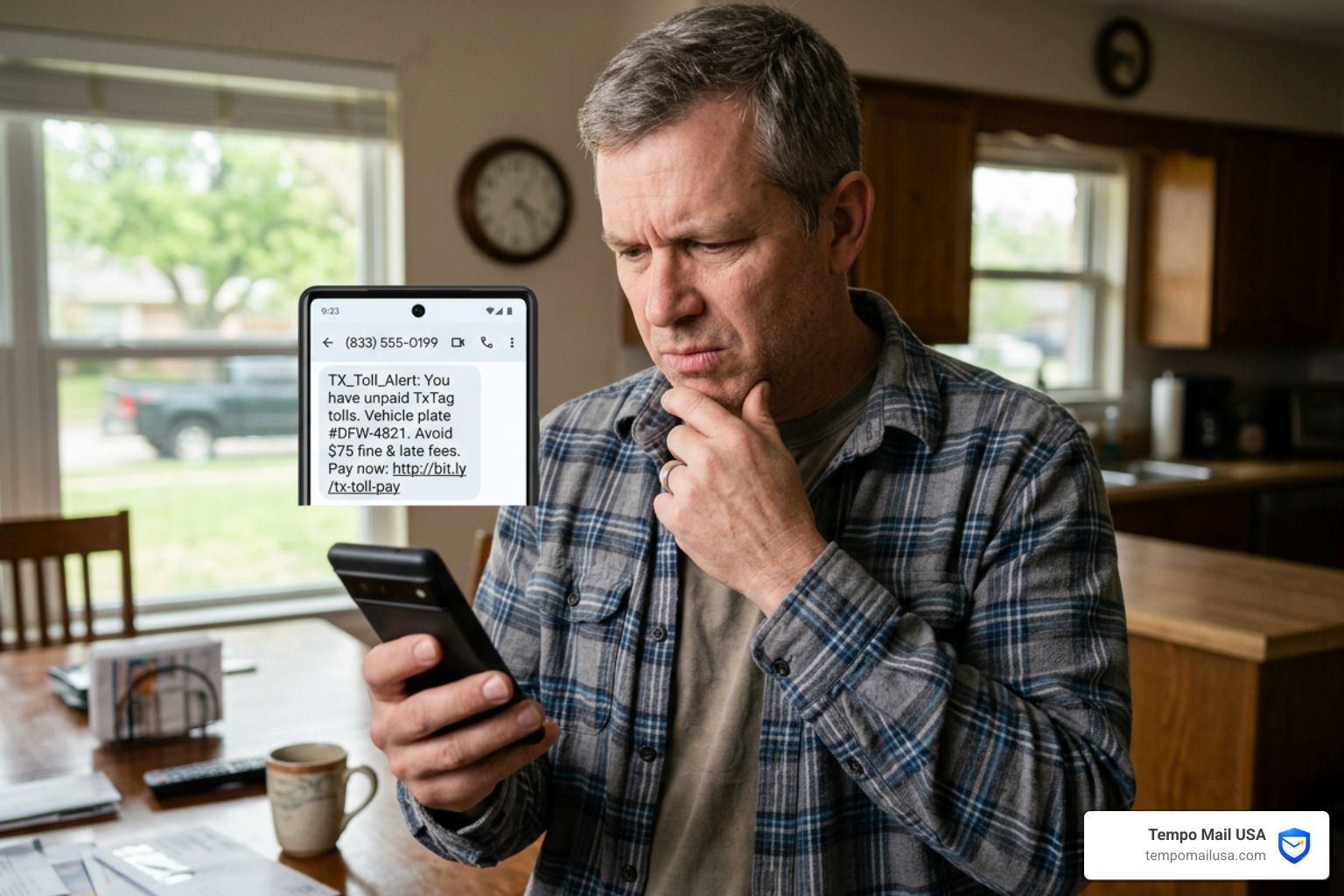 A person looking confused and concerned while checking a text message on their phone - TxDOT scam text A person looking confused and concerned while checking a text message on their phone - TxDOT scam text