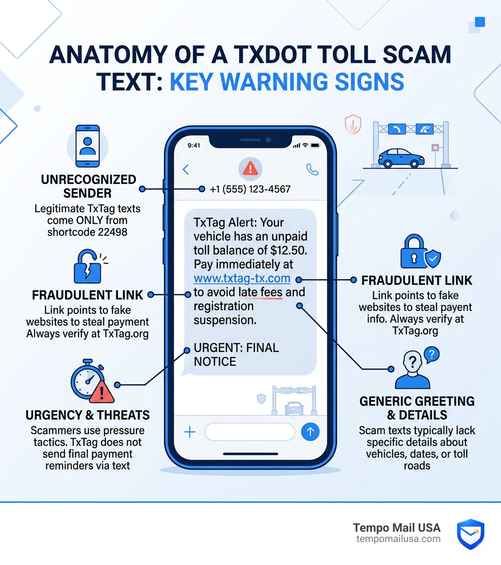 Anatomy of a TxDOT toll scam text infographic showing key warning signs - TxDOT scam text infographic Anatomy of a TxDOT toll scam text infographic showing key warning signs - TxDOT scam text infographic