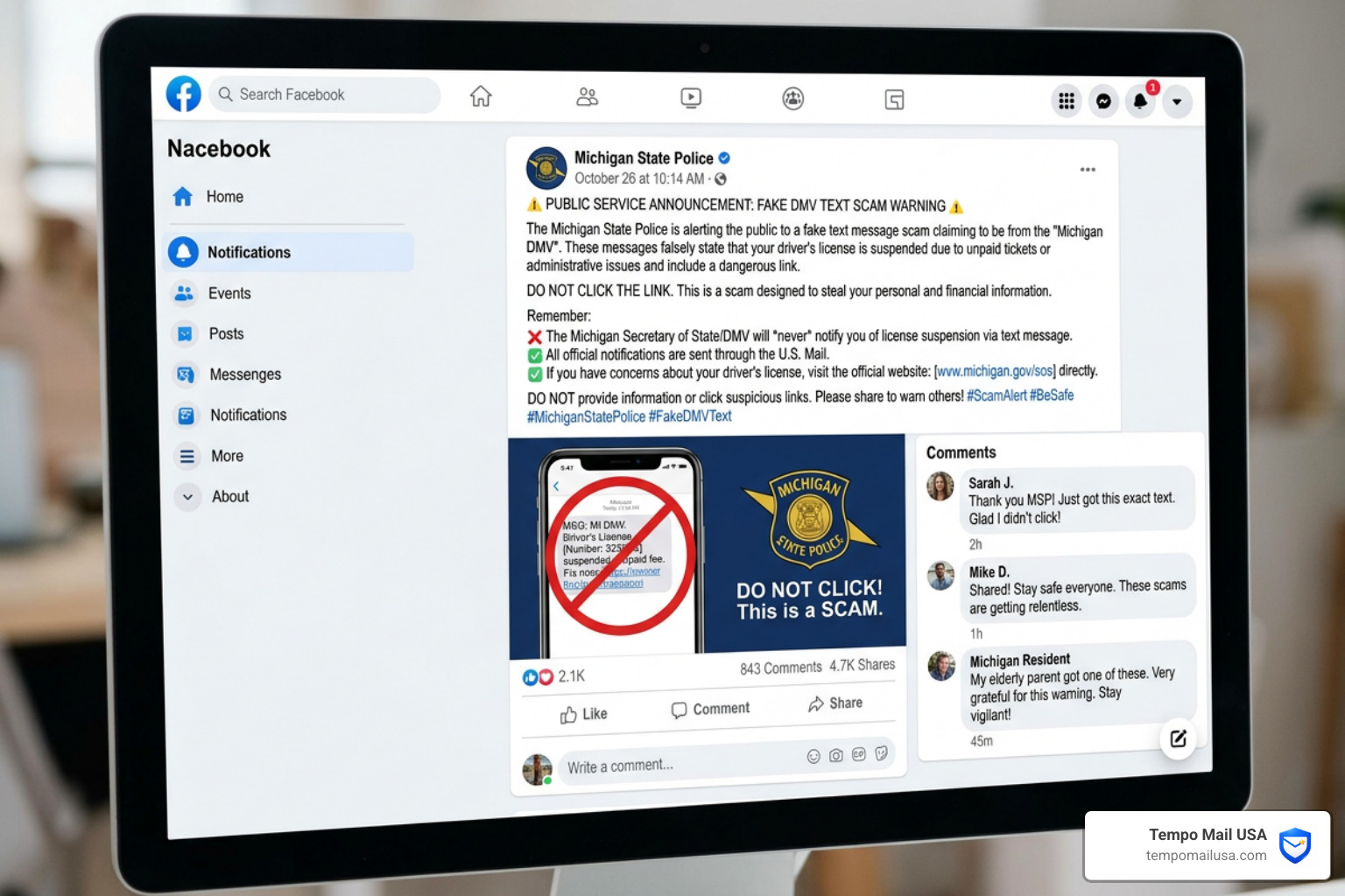 Michigan State Police warning post on Facebook regarding the DMV text scam - Michigan SOS scam text Michigan State Police warning post on Facebook regarding the DMV text scam - Michigan SOS scam text