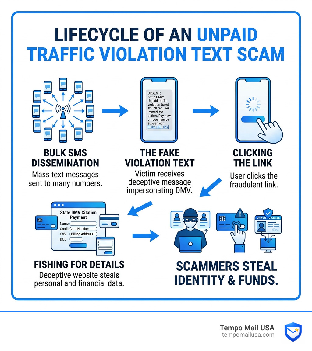 Lifecycle of an unpaid traffic violation text scam from bulk SMS to identity theft - Unpaid traffic violation text scam Lifecycle of an unpaid traffic violation text scam from bulk SMS to identity theft - Unpaid traffic violation text scam