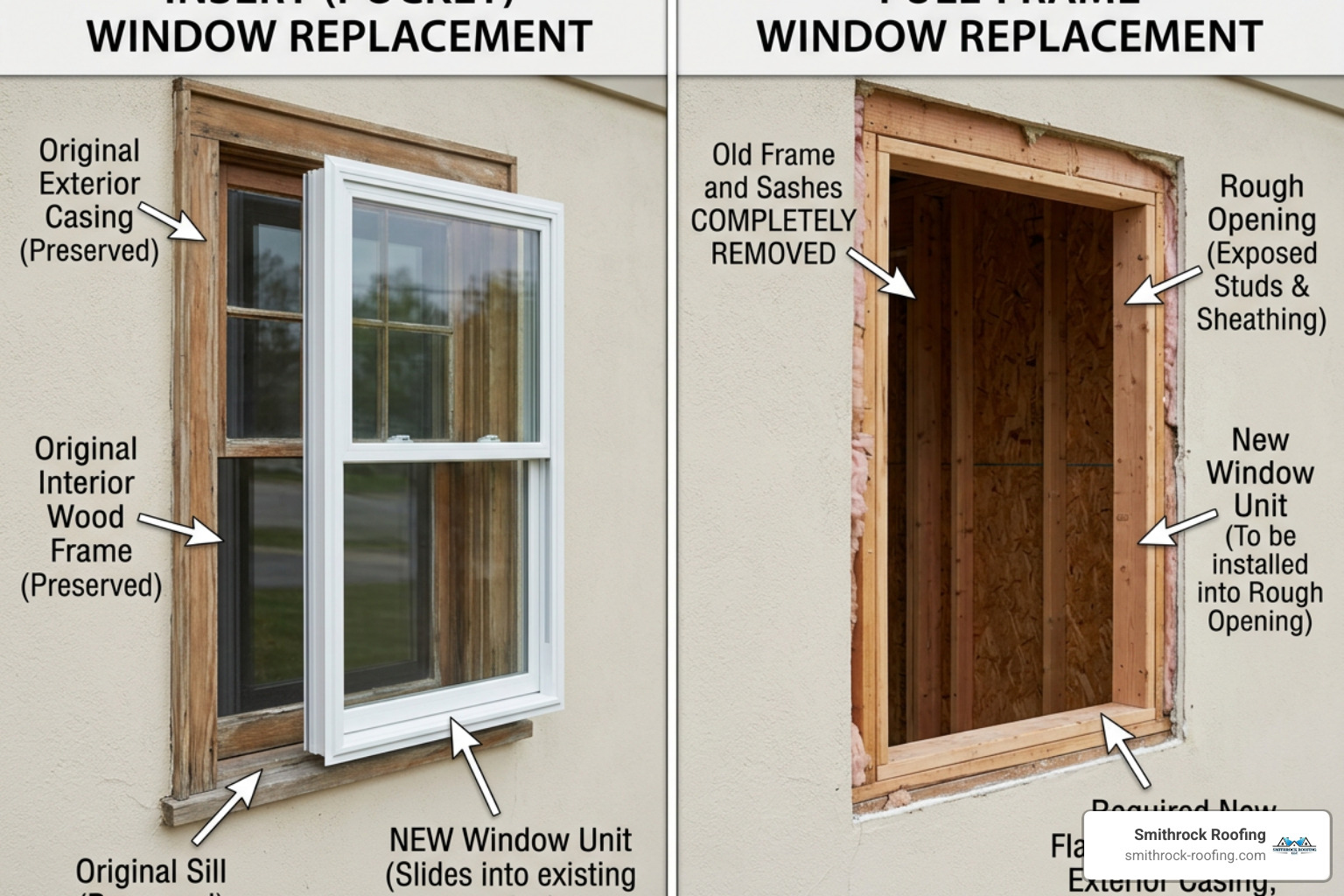 Diagram showing the difference between insert and full-frame window installation - replace a window Diagram showing the difference between insert and full-frame window installation - replace a window